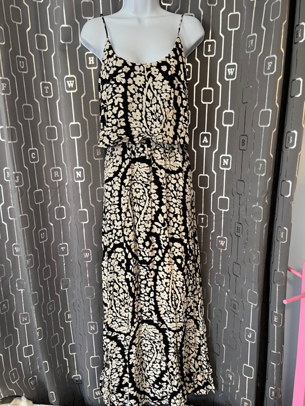 Lucky Brand Black and Cream Floral Medallion Spaghetti-Strap Maxi Dress
